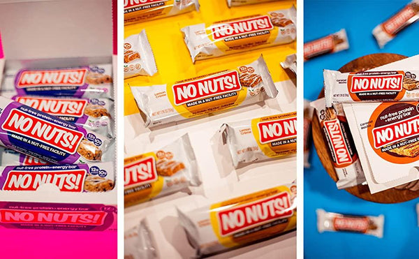 No Nuts nut-free snack bars in colorful packaging, school-safe and allergy-friendly.