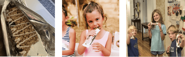 Kids enjoying No Nuts nut-free snack bars in home and outdoor settings