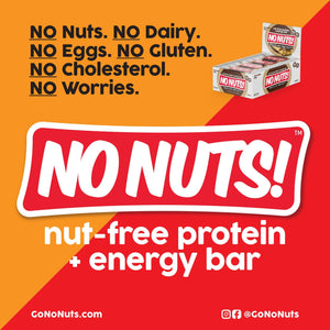 No Nuts nut-free protein and energy bar box on orange and red background, allergy-friendly snack.