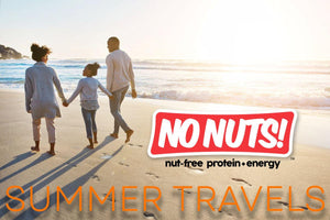 Family walking on a sunny beach, No Nuts nut-free snack bars summer travel promotion