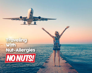 Woman with backpack under airplane at sunset, text 'Traveling With Nut-Allergies NO NUTS!'