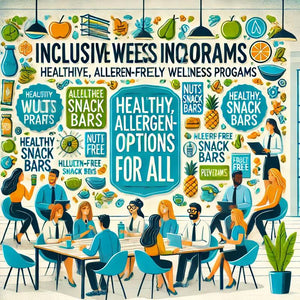 Office workers meeting near wall with nut-free, allergy-friendly snack bars and wellness graphics