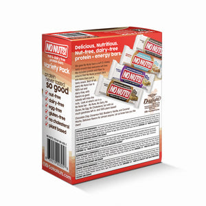 No Nuts! nut-free, dairy-free protein bars variety pack box with allergy-friendly snack bar flavors and ingredient details visible.
