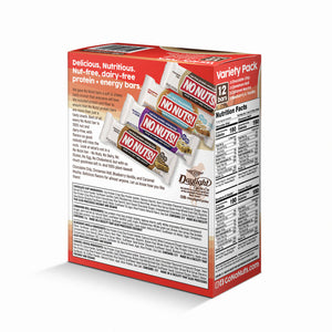 No Nuts variety pack box with nut-free, dairy-free snack bars and nutrition facts