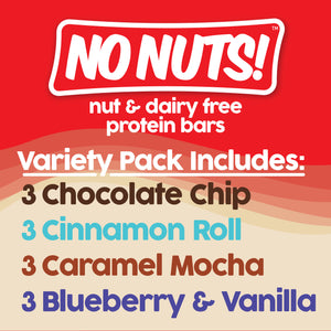 No Nuts nut-free, dairy-free protein bars variety pack flavors: Chocolate Chip, Cinnamon Roll, Caramel Mocha, Blueberry & Vanilla.