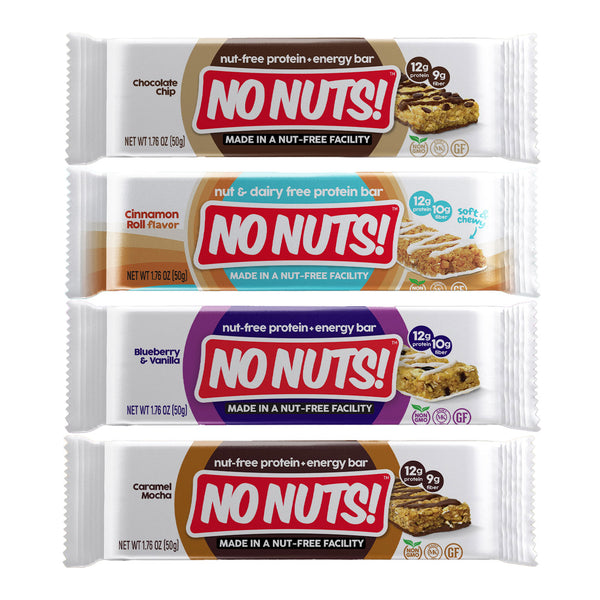 No Nuts! 4-Pack Sampler - Chocolate Chip, Cinnamon Roll, Blueberry & Vanilla and Caramel Mocha - No Nuts! Nut-Free Snacks