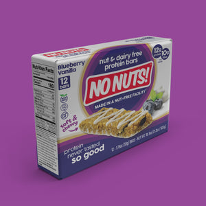 No Nuts blueberry vanilla nut-free protein bars 12-pack box on purple background.
