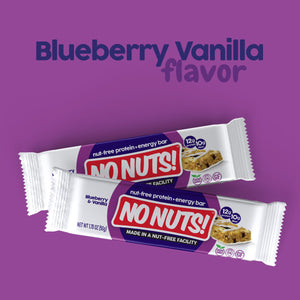 No Nuts Blueberry Vanilla nut-free snack bars, school-safe and allergy-friendly, on purple background