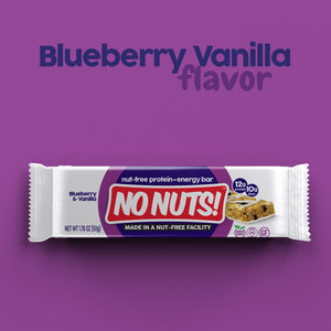 No Nuts Blueberry Vanilla nut-free snack bar with allergy-friendly labels on purple background.