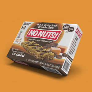 No Nuts Caramel Mocha nut-free protein bars box, allergy-friendly, on orange background