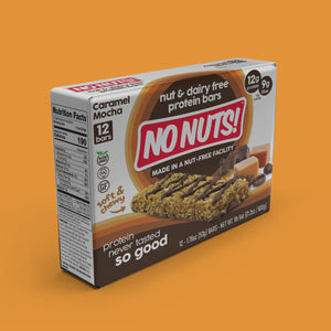 No Nuts caramel mocha nut-free protein bars 12 count box on orange background, allergy-friendly snack.