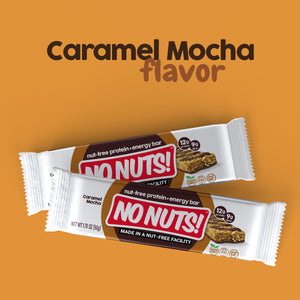 No Nuts caramel mocha nut-free snack bars, allergy-friendly and school-safe, on orange background