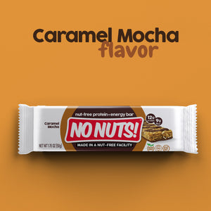 No Nuts! Caramel Mocha nut-free snack bar in wrapper, allergy-friendly, on orange background