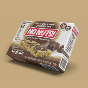 No Nuts chocolate chip nut-free protein bars 12-pack box with visible bar and chocolate pieces.