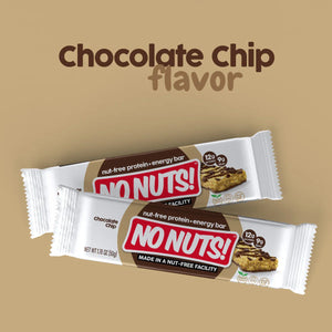 No Nuts chocolate chip nut-free snack bars in white wrappers, allergy-friendly branding