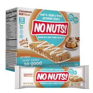 No Nuts! Cinnamon Roll Flavor Nut Free Protein Bars 12 Count Box and Wrapped Bar – Soft and Chewy Vegan Protein Snack Bars