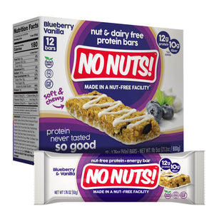 No Nuts! Blueberry Vanilla Nut Free Protein Snack Bars Retail Box and Wrapped Bar – Dairy Free Gluten Free Vegan Protein Bars
