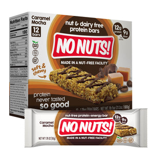 No Nuts! Caramel Mocha Nut Free Protein Bars Retail Box and Wrapped Bar – Plant Based Dairy Free Protein Snack Bars