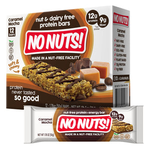 No Nuts! Caramel Mocha Nut Free Protein Bars 12 Count Box and Wrapped Bar – Dairy Free Vegan Snack Bars with 12g Protein