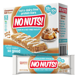 No Nuts! Cinnamon Roll Flavor Nut Free Protein Snack Bars Retail Box and Wrapped Bar – Gluten Free Plant Based Snack Bars