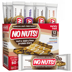 No Nuts! Variety Pack box open top front - Chocolate Chip, Cinnamon Roll, Blueberry Vanilla, Caramel Mocha