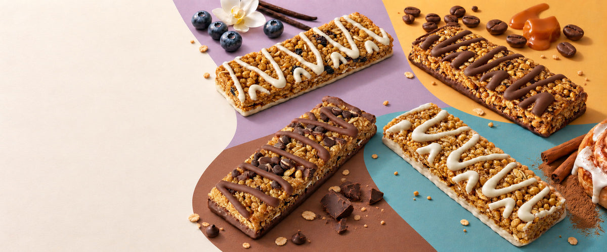 Four No Nuts! nut-free protein bars: Blueberry & Vanilla, Caramel Mocha, Chocolate Chip and Cinnamon Roll