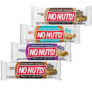 No Nuts! nut-free snack bars in chocolate chip, cinnamon, blueberry vanilla, caramel mocha flavors.