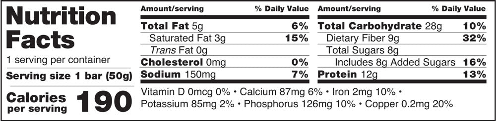 Nutrition facts panel for No Nuts! Chocolate Chip bar