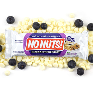 No Nuts blueberry vanilla protein bar with white chocolate chips and fresh blueberries, allergy-friendly snack
