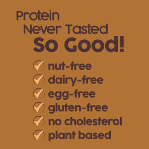 Protein bar label highlighting nut-free, dairy-free, gluten-free, plant-based and allergy-friendly features.