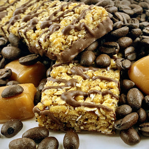 No Nuts caramel mocha nut-free snack bar with chocolate drizzle, surrounded by coffee beans and caramel pieces