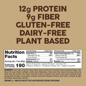 No Nuts protein bar nutrition label with 12g protein, 9g fiber, gluten-free, dairy-free, plant-based features, and ingredient list