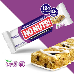 No Nuts Blueberry Vanilla nut-free snack bar packaging with nutrition and allergy-friendly icons