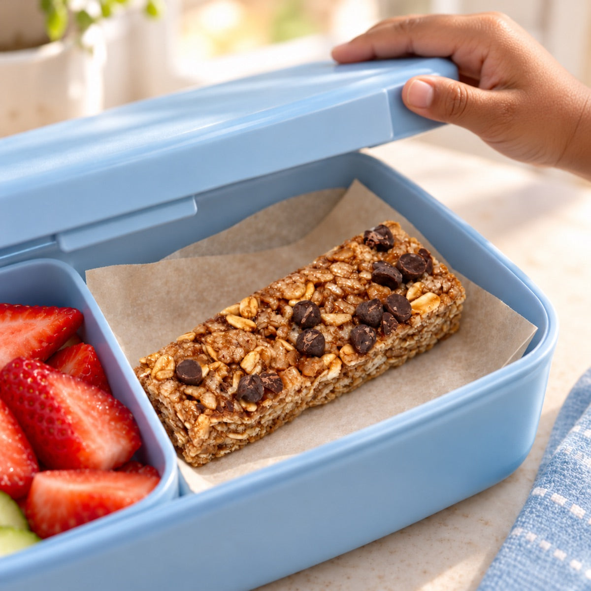 No Nuts! Chewy Chocolate Chip granola bar in a blue lunchbox next to fresh strawberries