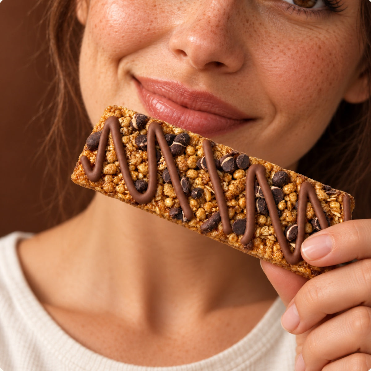 Woman smiling as she holds a No Nuts! Chocolate Chip nut-free protein bar