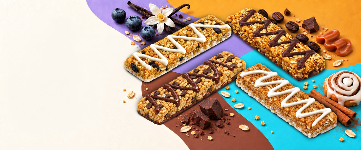 Four No Nuts! nut-free protein bars: Blueberry & Vanilla, Caramel Mocha, Chocolate Chip and Cinnamon Roll