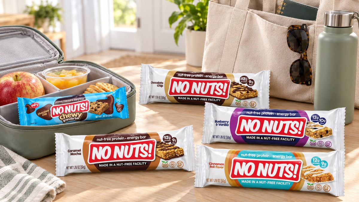 All four No Nuts! nut-free protein bar flavors with a packed school lunch