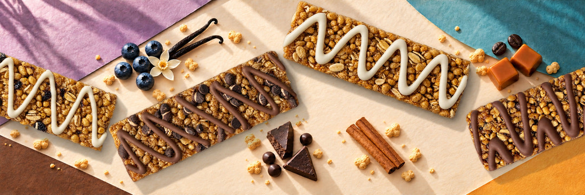 Four No Nuts! nut-free protein bars from above: Blueberry Vanilla, Chocolate Chip, Cinnamon Roll and Caramel Mocha